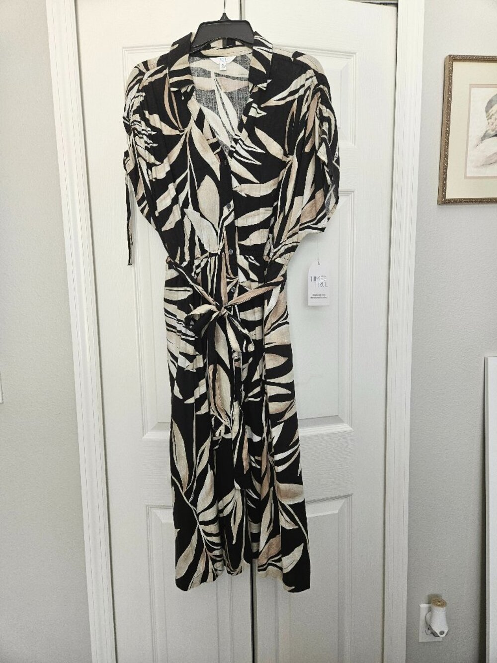 Black Dress with White and Brown Leaf Patterns